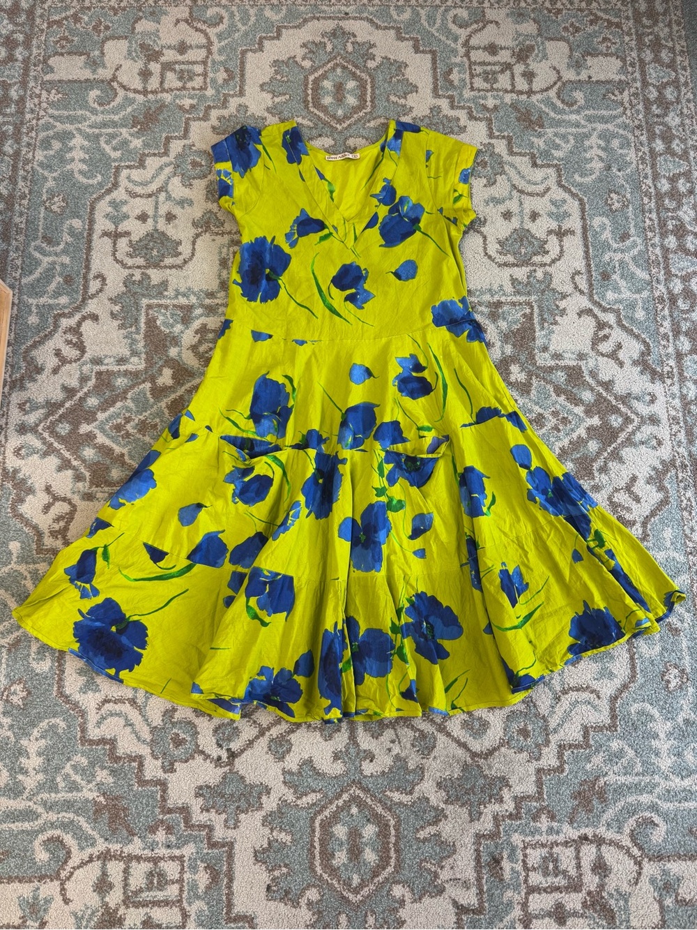 Dress Addict Lime Green Yellow Midi Dress Size S Blue Floral Patch Front Pockets